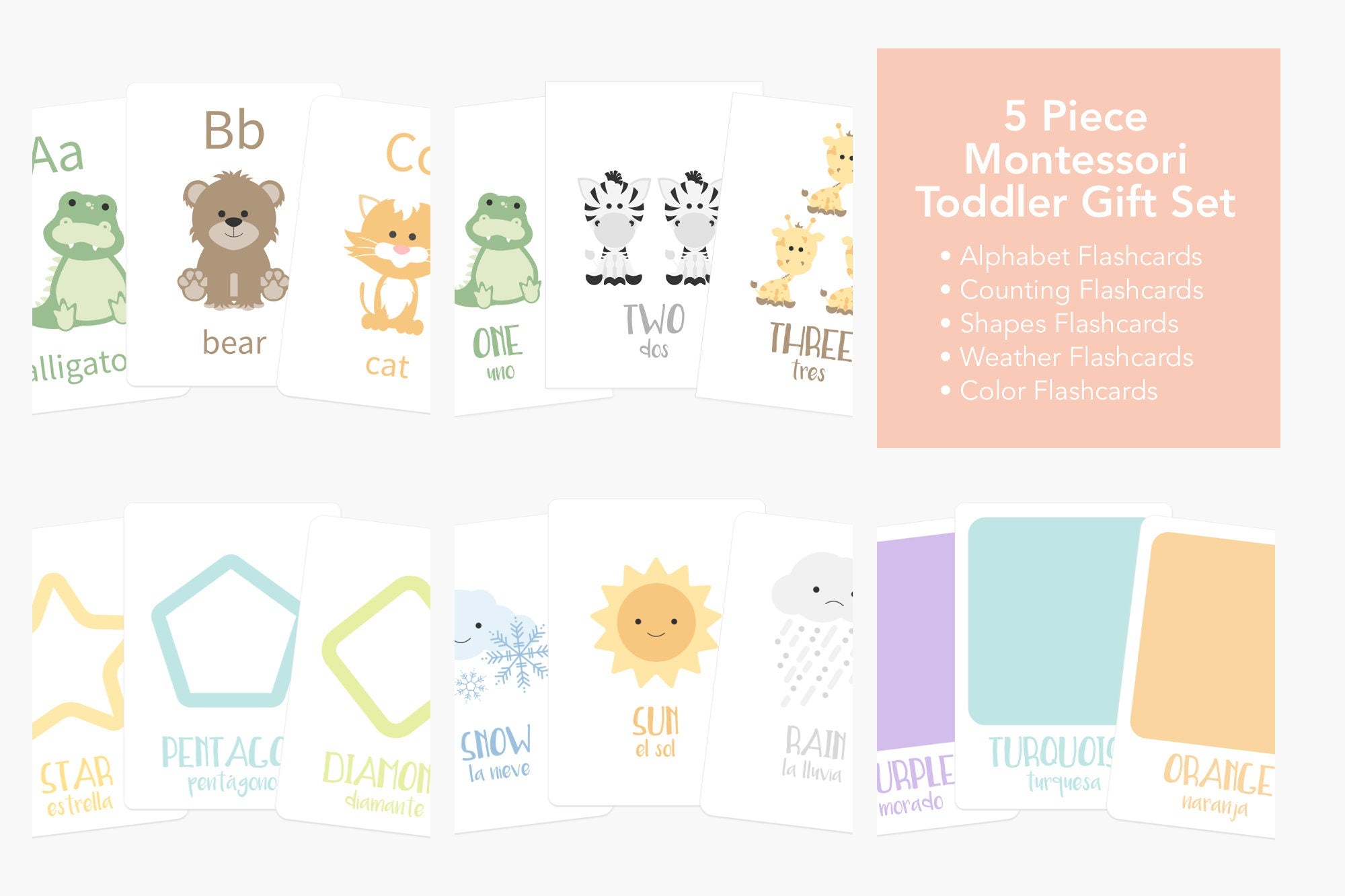 Pack de Cartes Montessori pour Tout-Petits | ABC, Chiffres, Formes, Couleurs & Météo